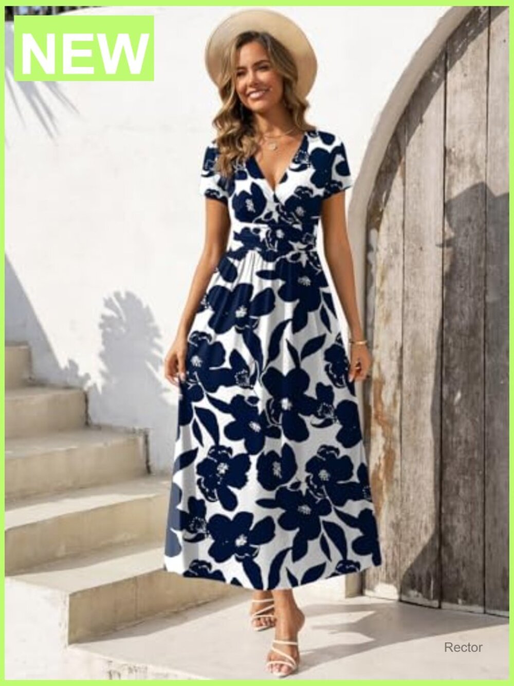 Women's Summer Short Sleeve Maxi Dress V Neck Flowy Sundress with Pockets - Picture 3 of 7
